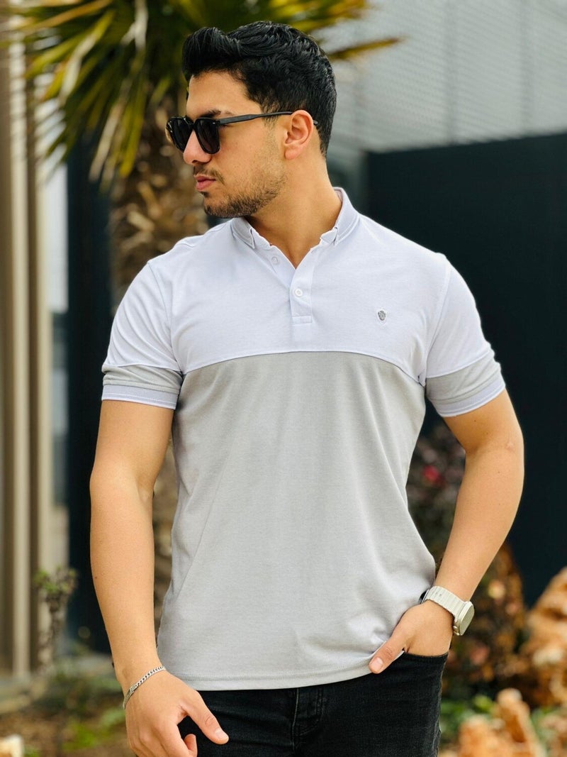 White Gray Kagi Stone Piece Polo Neck Short Sleeve T-Shirt