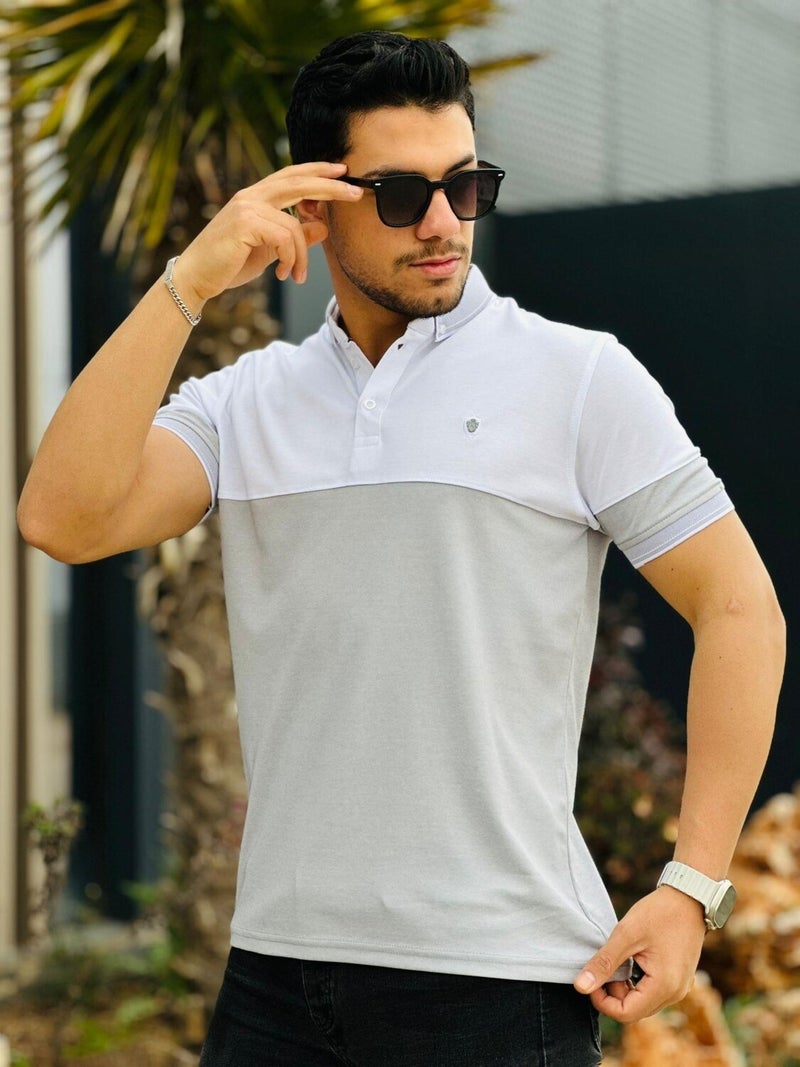 White Gray Kagi Stone Piece Polo Neck Short Sleeve T-Shirt