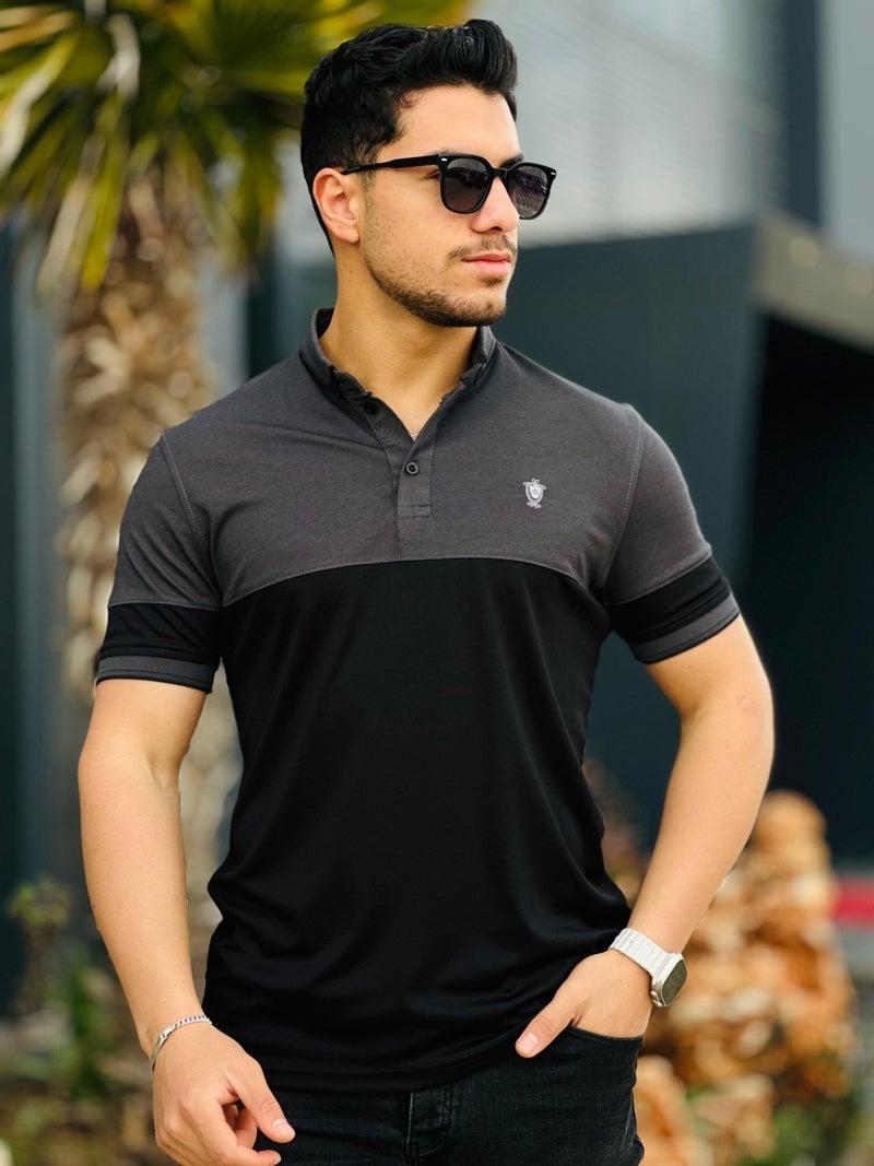 Smoked Black Kagi Stone Piece Polo Neck Short Sleeve T-Shirt