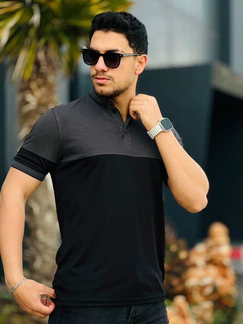 Smoked Black Kagi Stone Piece Polo Neck Short Sleeve T-Shirt