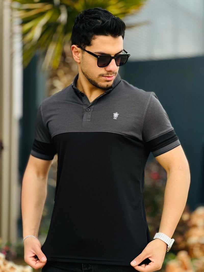 Smoked Black Kagi Stone Piece Polo Neck Short Sleeve T-Shirt