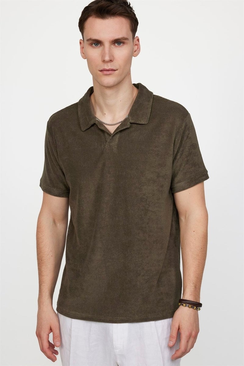 Men's Slim Fit Narrow Cut Terrycloth Terry Cloth Khaki Polo Collar T-Shirt