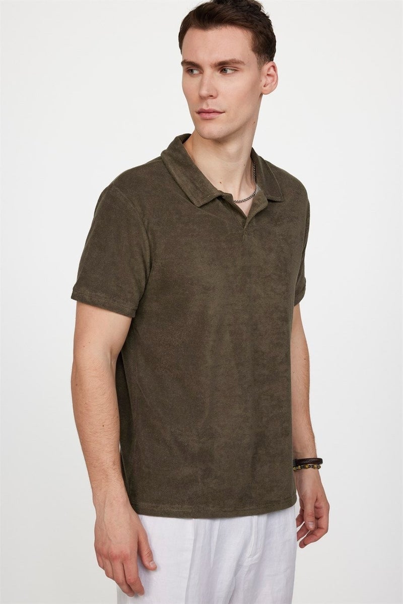 Men's Slim Fit Narrow Cut Terrycloth Terry Cloth Khaki Polo Collar T-Shirt