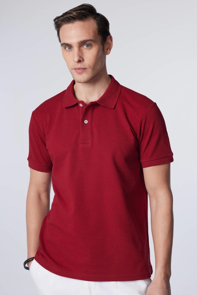 Men's Slim Fit Narrow Cut Cotton Soft Textured Cool Keeping Fabric Plain Pique Claret Red Polo Collar T-Shirt