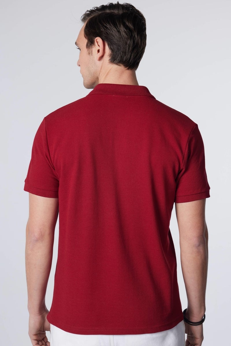 Men's Slim Fit Narrow Cut Cotton Soft Textured Cool Keeping Fabric Plain Pique Claret Red Polo Collar T-Shirt