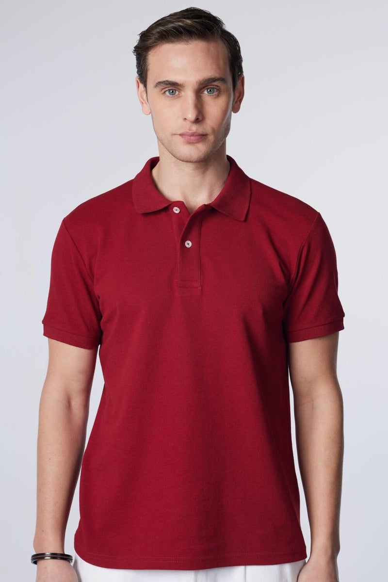 Men's Slim Fit Narrow Cut Cotton Soft Textured Cool Keeping Fabric Plain Pique Claret Red Polo Collar T-Shirt