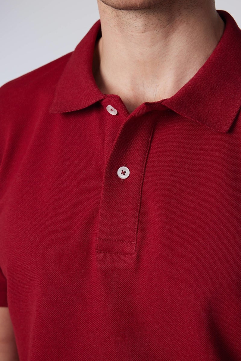 Men's Slim Fit Narrow Cut Cotton Soft Textured Cool Keeping Fabric Plain Pique Claret Red Polo Collar T-Shirt