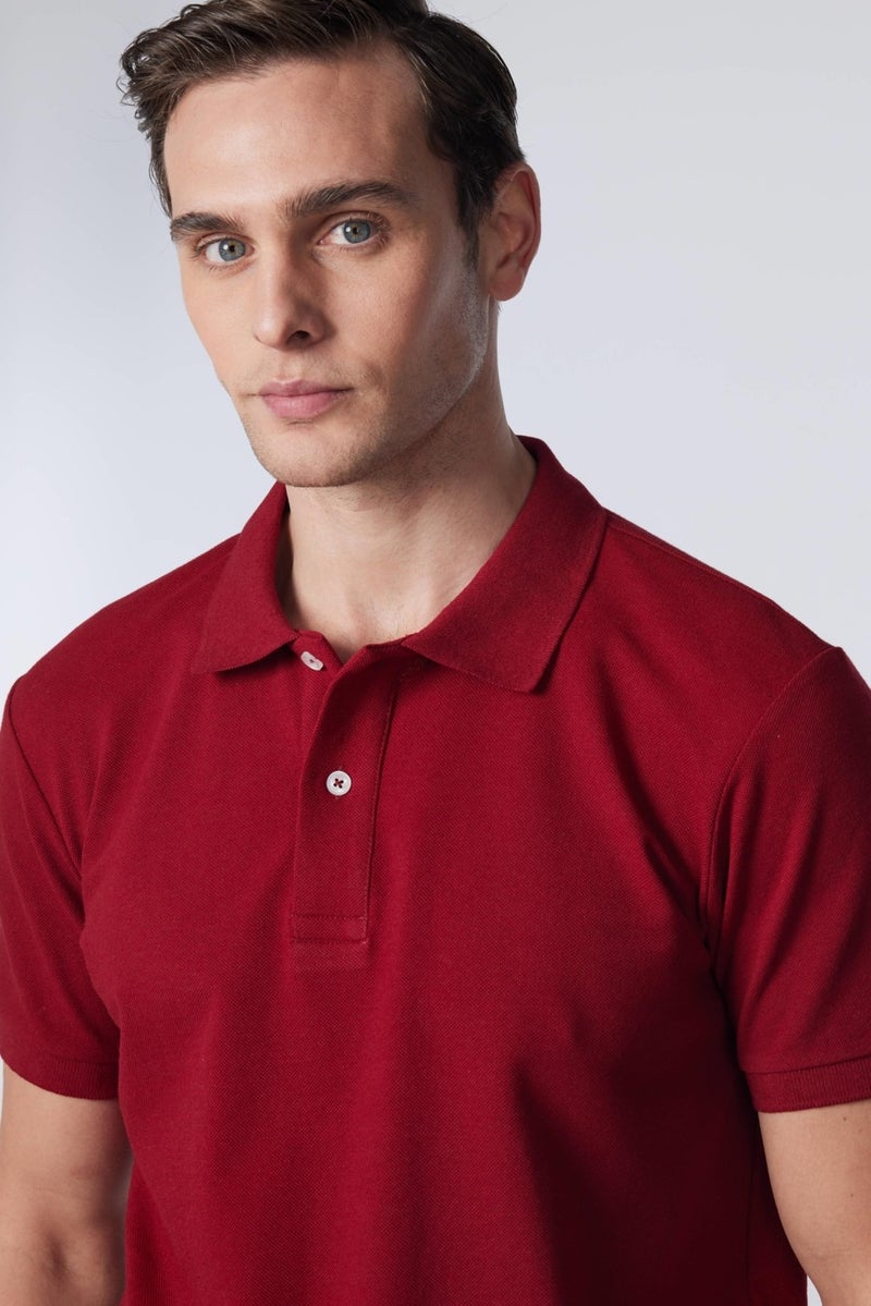 Men's Slim Fit Narrow Cut Cotton Soft Textured Cool Keeping Fabric Plain Pique Claret Red Polo Collar T-Shirt