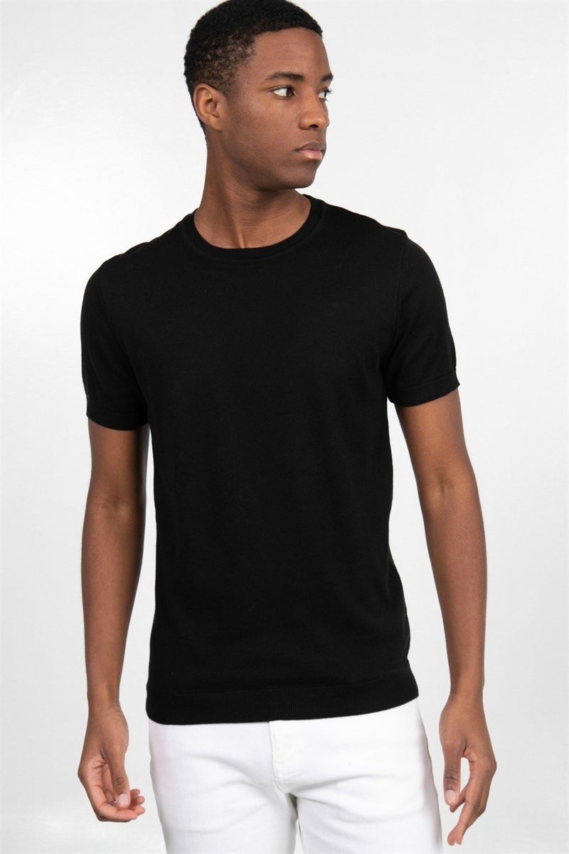 Men's Slim Fit Narrow Cut Cotton Knitted Knitwear Black Crew Neck T-Shirt