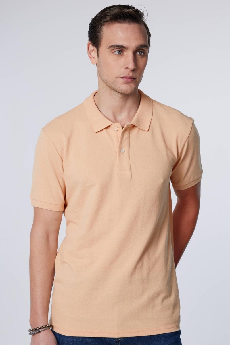 Men's Slim Fit Narrow Cut Cotton Soft Texture Breathable Fabric Roll-Up Collar Beige Polo Neck T-Shirt