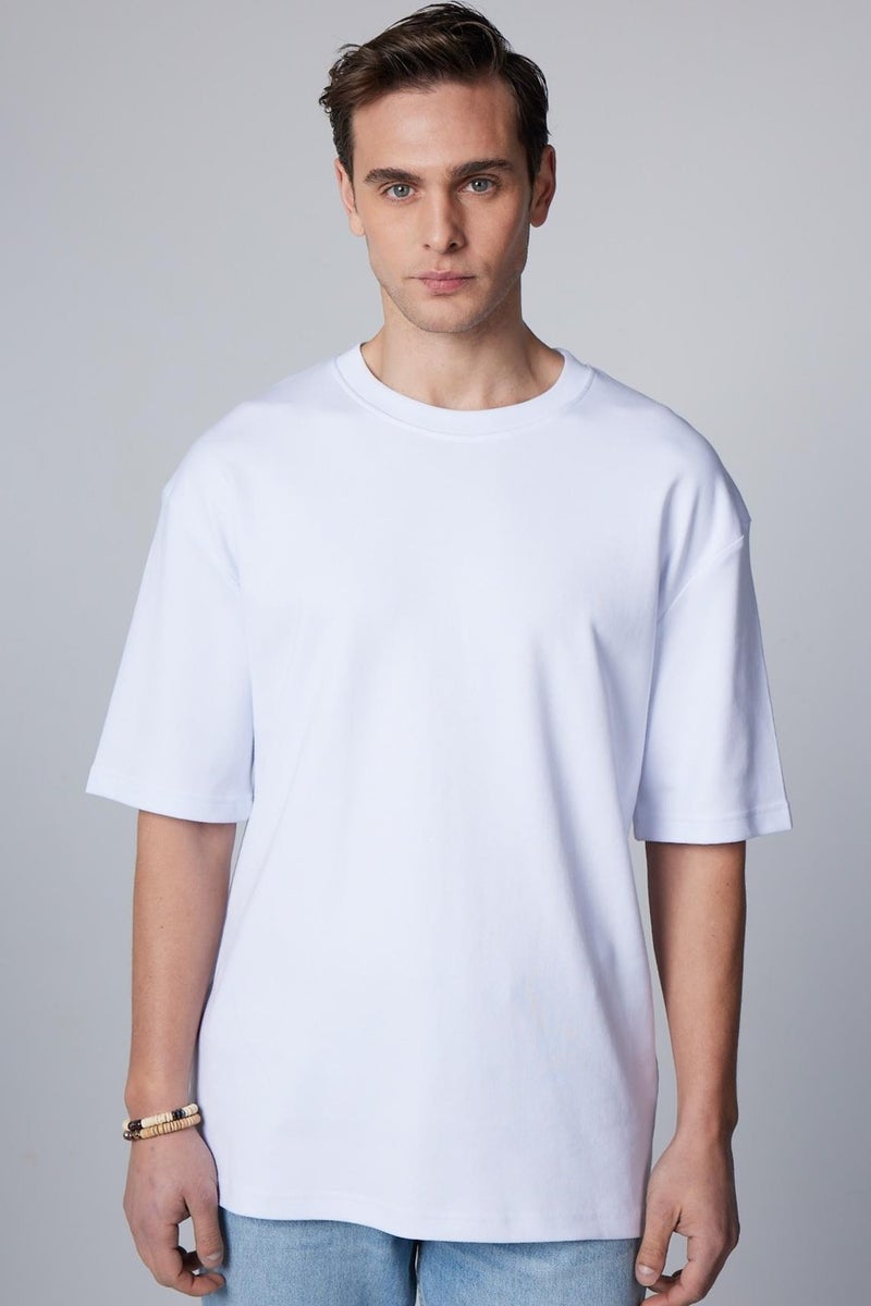 Oversize Wide Cut Cotton Soft Textured Basic Crew Neck White T-Shirt