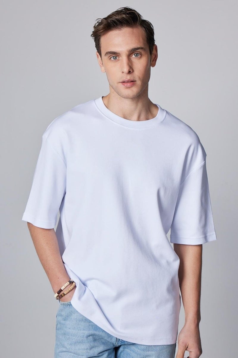 Oversize Wide Cut Cotton Soft Textured Basic Crew Neck White T-Shirt