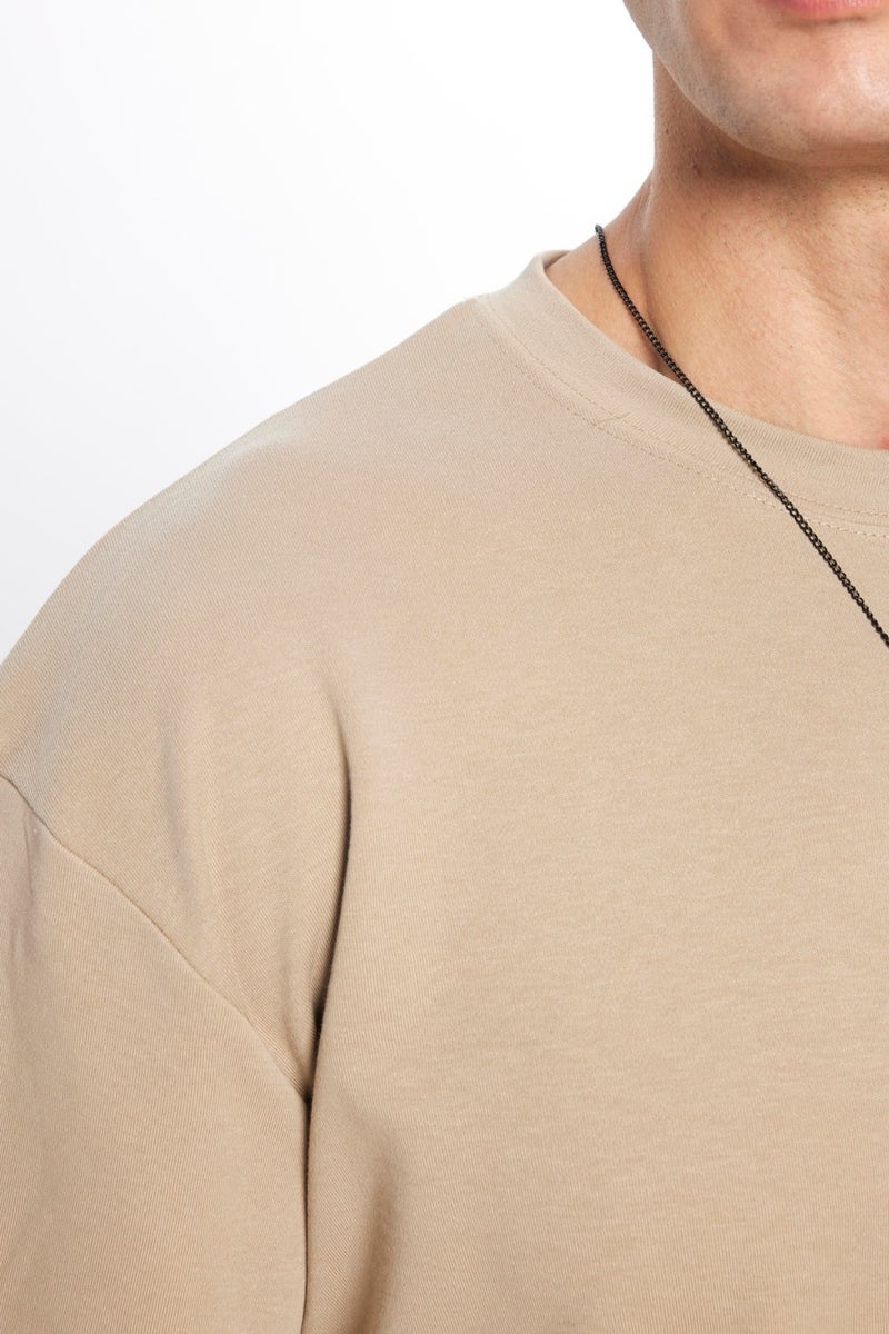 Oversize Wide Cut Cotton Soft Texture Basic Crew Neck Beige T-Shirt