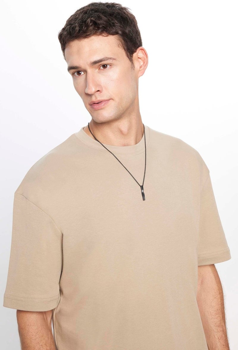 Oversize Wide Cut Cotton Soft Texture Basic Crew Neck Beige T-Shirt