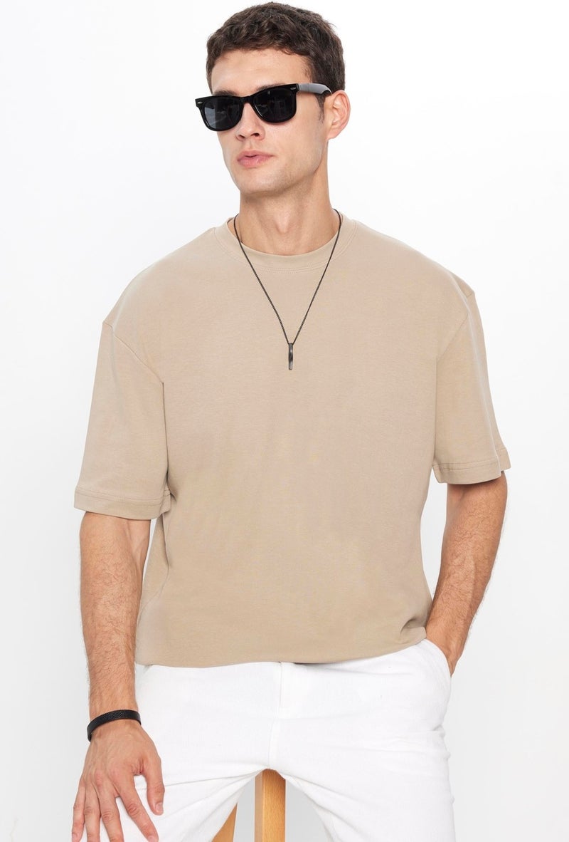 Oversize Wide Cut Cotton Soft Texture Basic Crew Neck Beige T-Shirt