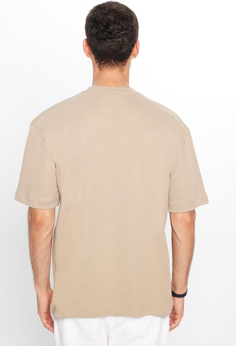 Oversize Wide Cut Cotton Soft Texture Basic Crew Neck Beige T-Shirt