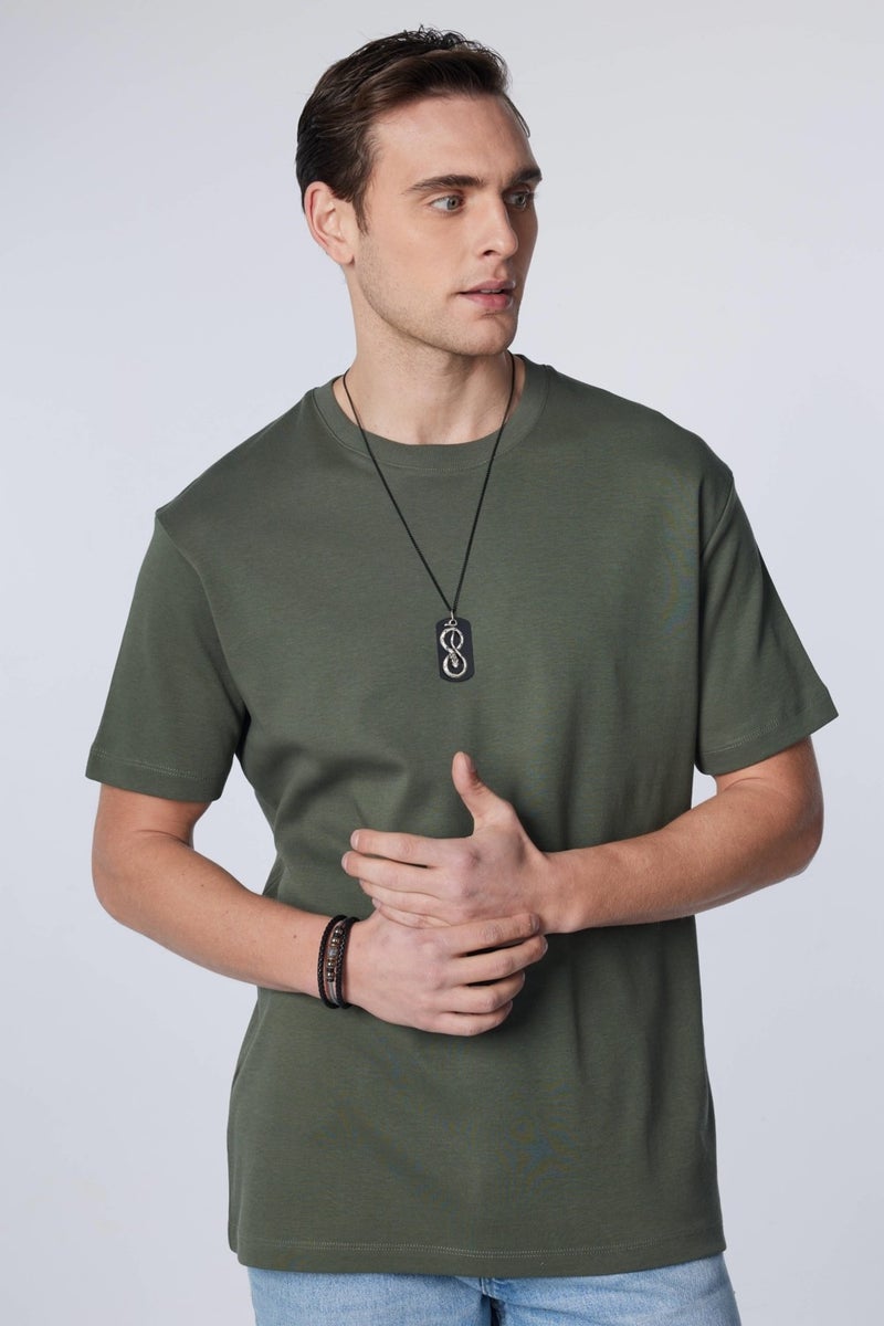 Relax Fit Comfortable Cut Cotton Soft Textured Basic Crew Neck Khaki T-Shirt