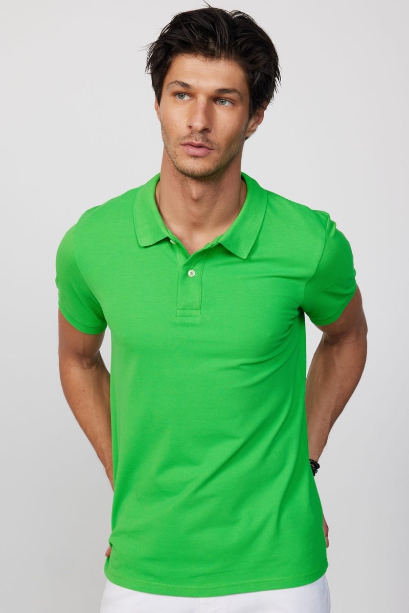 Men's Slim Fit Slim Cut 100% Cotton Plain Pique Green Polo Neck T-Shirt