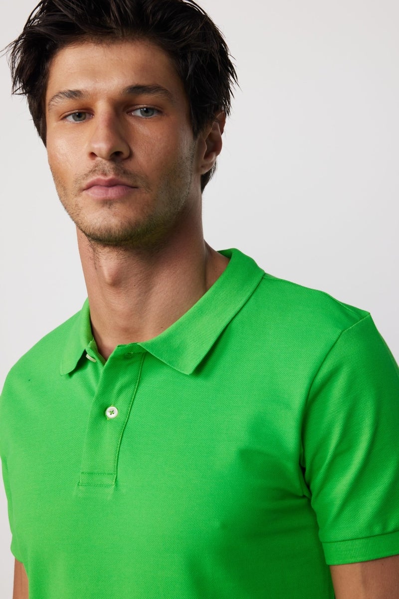 Men's Slim Fit Slim Cut 100% Cotton Plain Pique Green Polo Neck T-Shirt