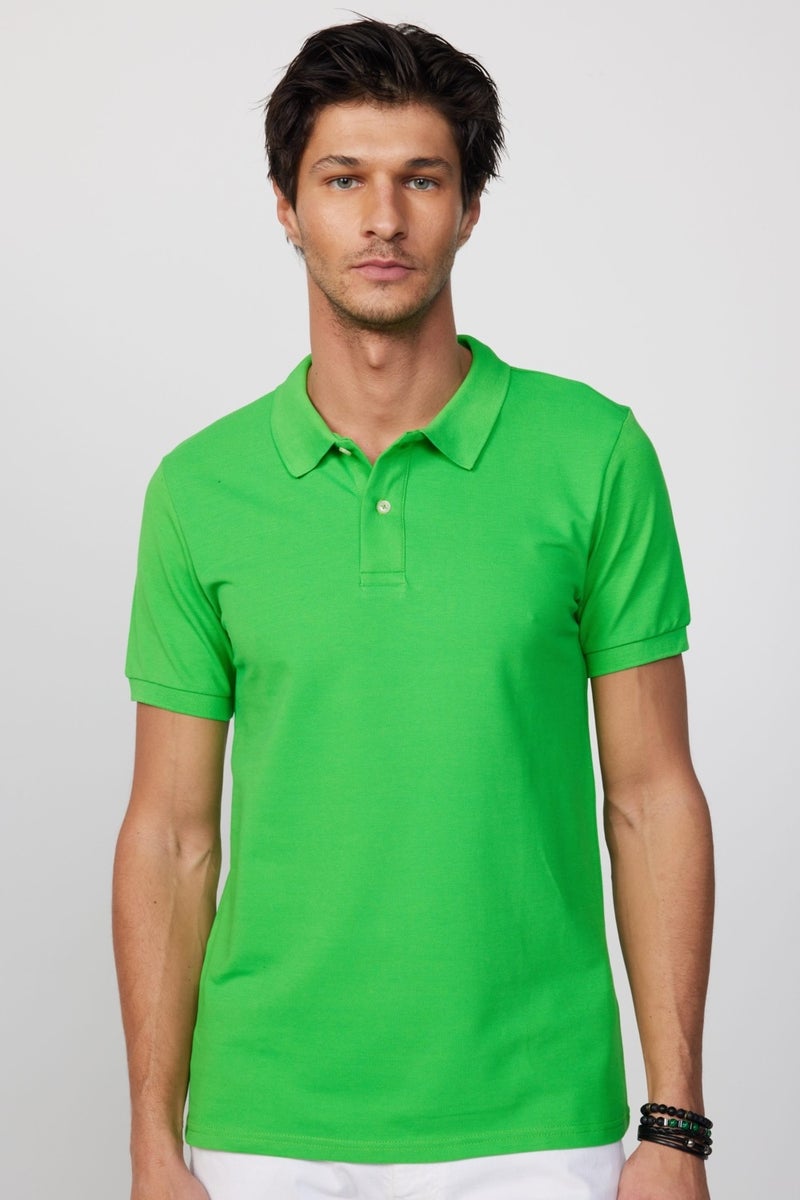 Men's Slim Fit Slim Cut 100% Cotton Plain Pique Green Polo Neck T-Shirt