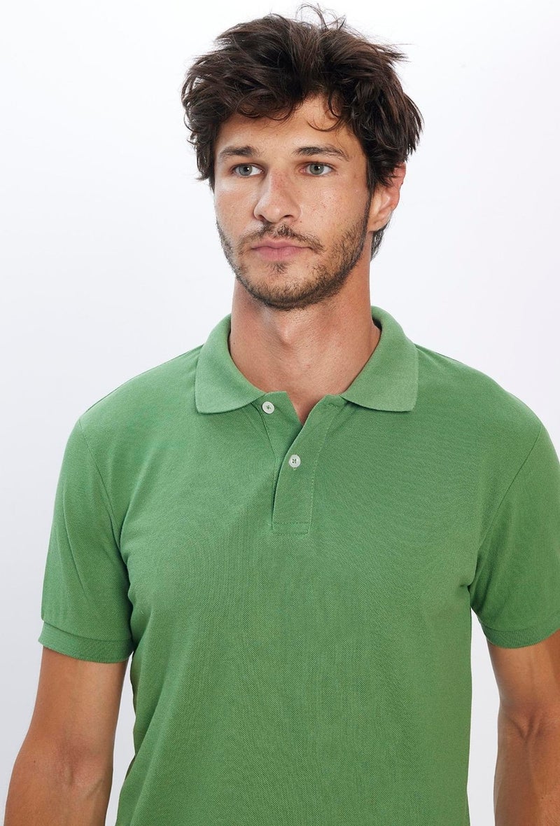 Men's Slim Fit Slim Cut Cotton Soft Texture Cool Fabric Plain Pique Green Polo Collar T-Shirt