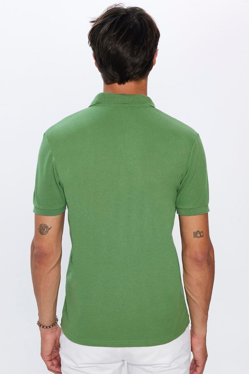 Men's Slim Fit Slim Cut Cotton Soft Texture Cool Fabric Plain Pique Green Polo Collar T-Shirt