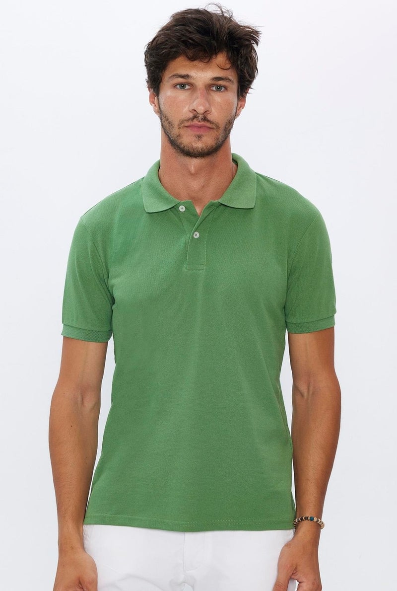 Men's Slim Fit Slim Cut Cotton Soft Texture Cool Fabric Plain Pique Green Polo Collar T-Shirt