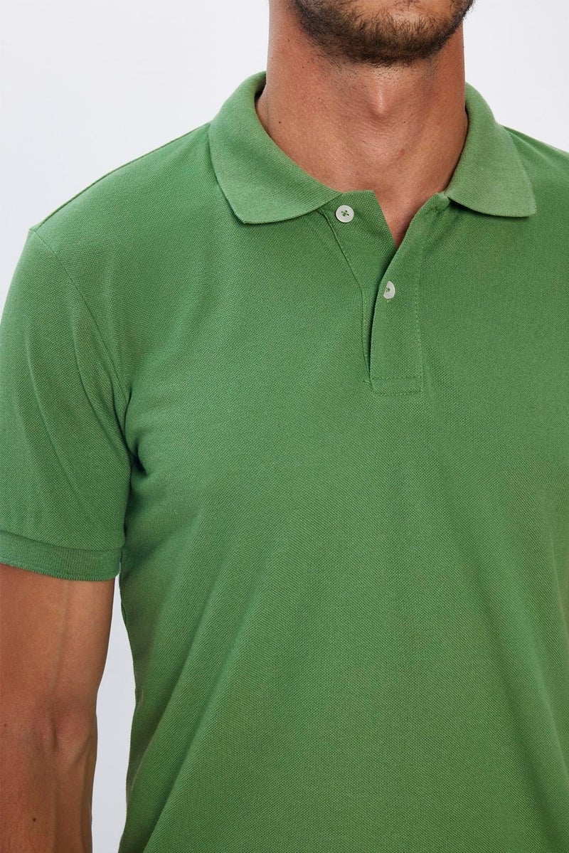 Men's Slim Fit Slim Cut Cotton Soft Texture Cool Fabric Plain Pique Green Polo Collar T-Shirt