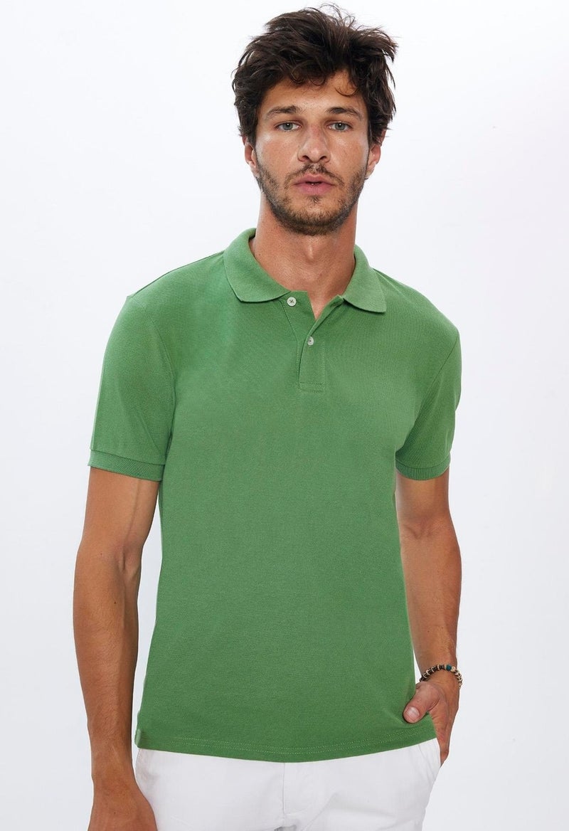 Men's Slim Fit Slim Cut Cotton Soft Texture Cool Fabric Plain Pique Green Polo Collar T-Shirt