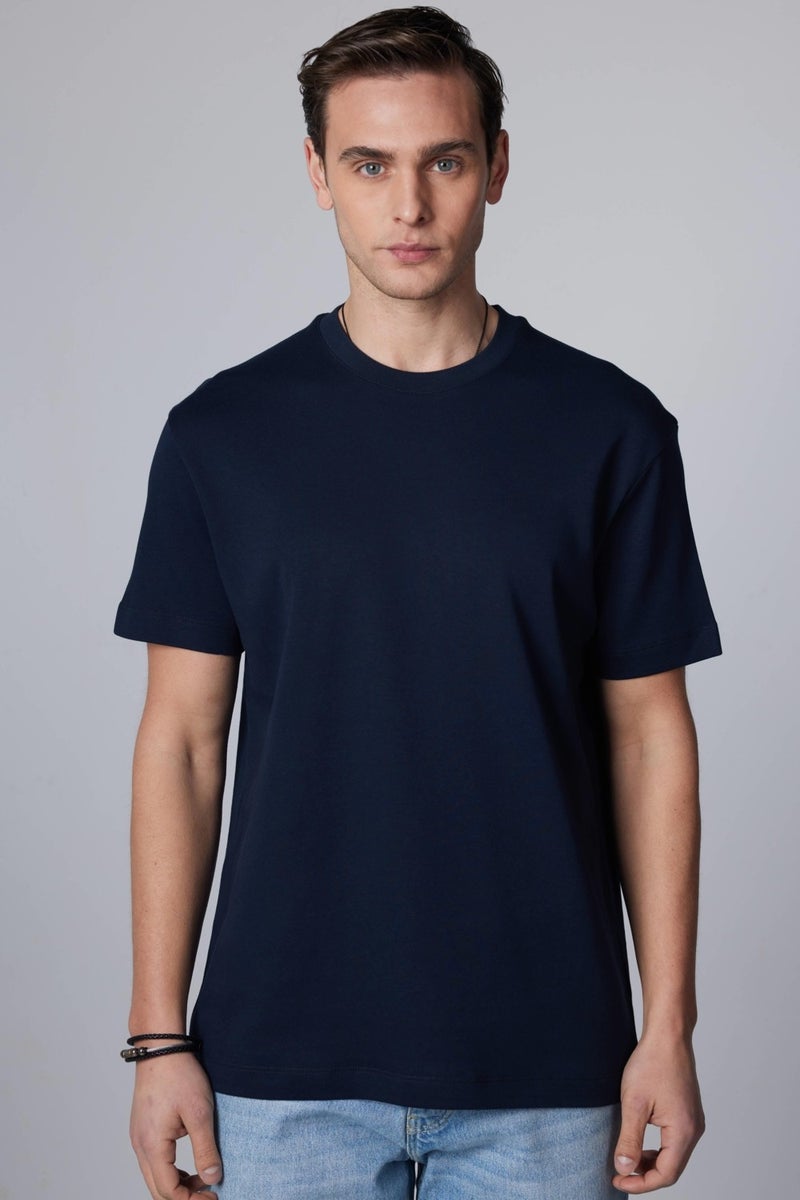 Relax Fit Comfortable Cut Cotton Soft Textured Basic Crew Neck Navy Blue T-Shirt