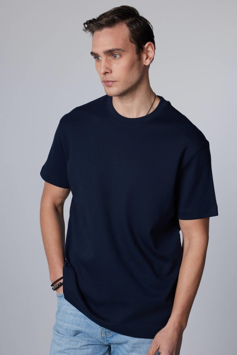 Relax Fit Comfortable Cut Cotton Soft Textured Basic Crew Neck Navy Blue T-Shirt