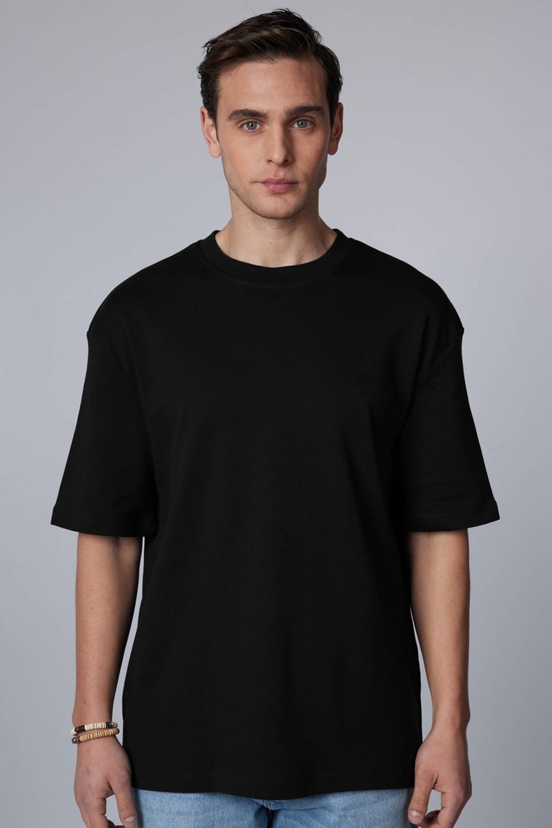 Oversize Wide Cut Cotton Soft Textured Basic Crew Neck Black T-Shirt