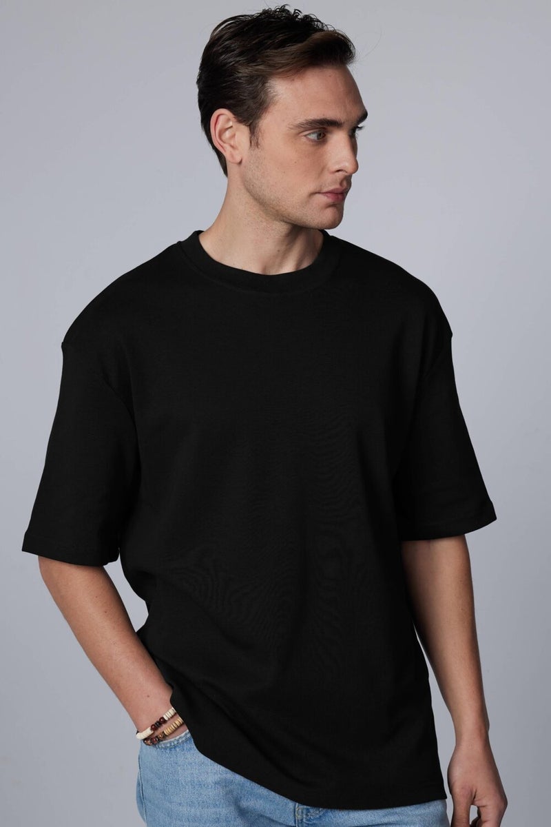 Oversize Wide Cut Cotton Soft Textured Basic Crew Neck Black T-Shirt