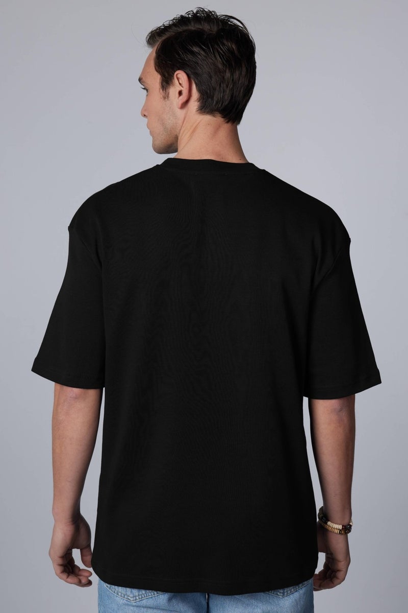 Oversize Wide Cut Cotton Soft Textured Basic Crew Neck Black T-Shirt