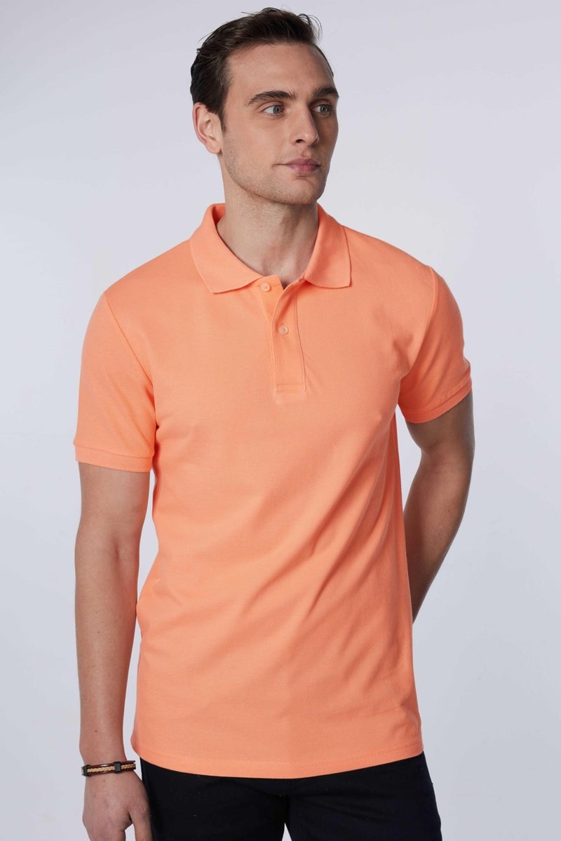 Men's Slim Fit Narrow Cut Cotton Plain Pique Salmon Polo Collar T-Shirt