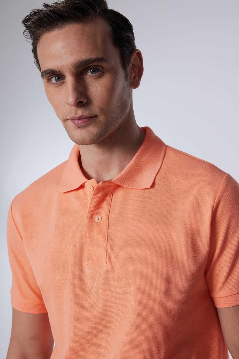 Men's Slim Fit Narrow Cut Cotton Plain Pique Salmon Polo Collar T-Shirt