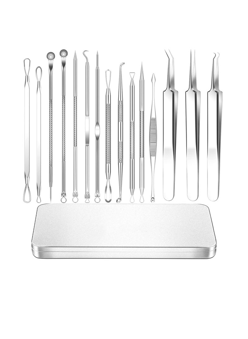 15 PCS Blackhead Remover Tools, Pimple Popper Tool Kit, Acne Extractor Tool, Professional Stainless Pimple Acne, Blemish Removal Tools Set with Metal Case