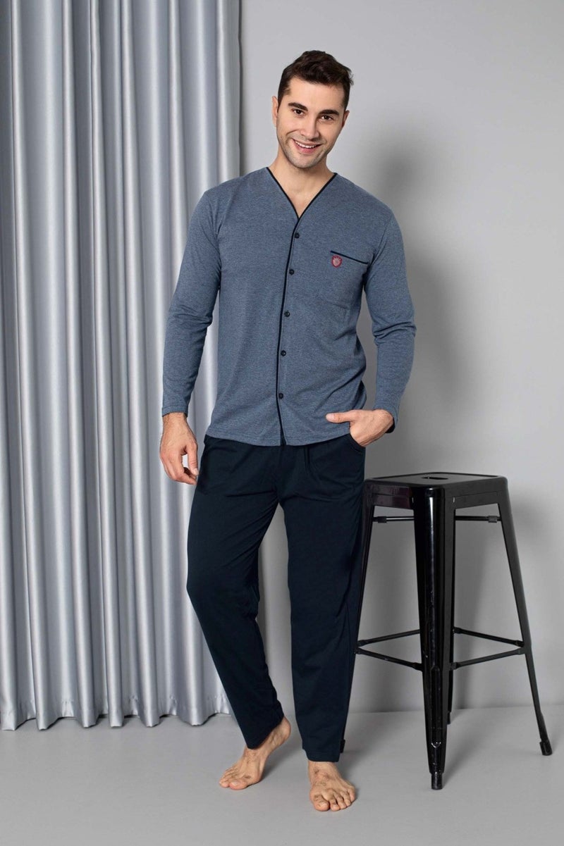 Men's Black V-Neck Front Buttoned Shirt Collar Chest Pocket Viscose Cotton Pocket Long Sleeve Pajama Set