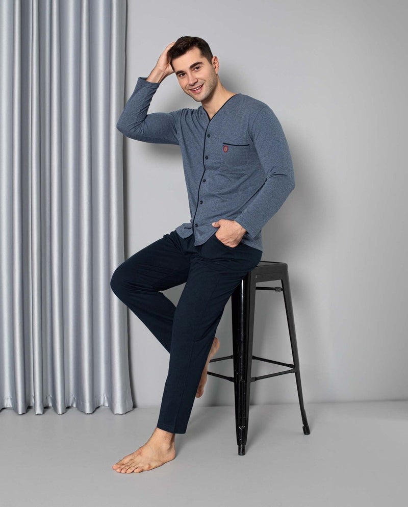 Men's Black V-Neck Front Buttoned Shirt Collar Chest Pocket Viscose Cotton Pocket Long Sleeve Pajama Set