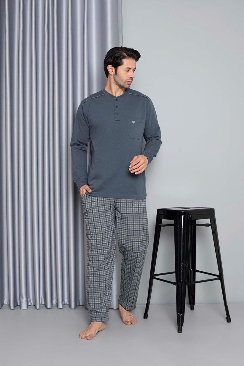 Men's 3 Button Long Sleeve Chest Pocket 2 Thread Winter Pocket Pajama Set