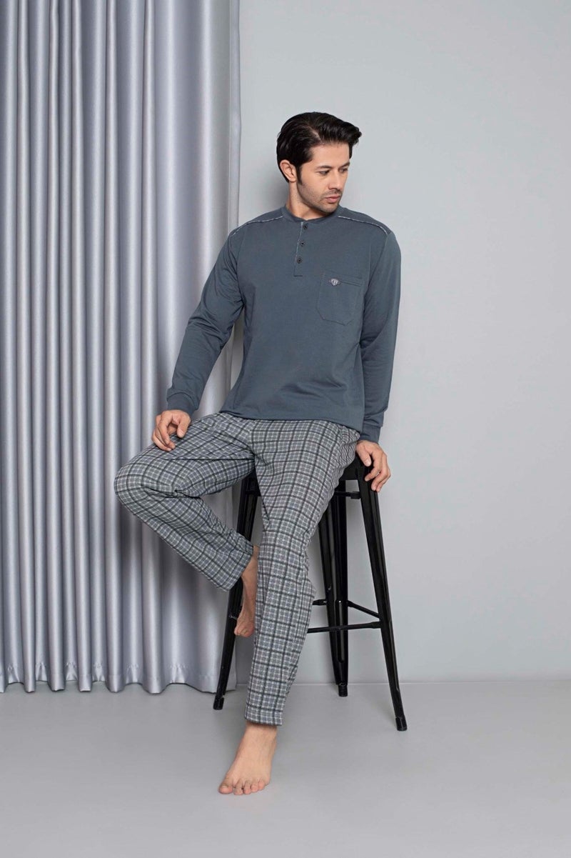 Men's 3 Button Long Sleeve Chest Pocket 2 Thread Winter Pocket Pajama Set