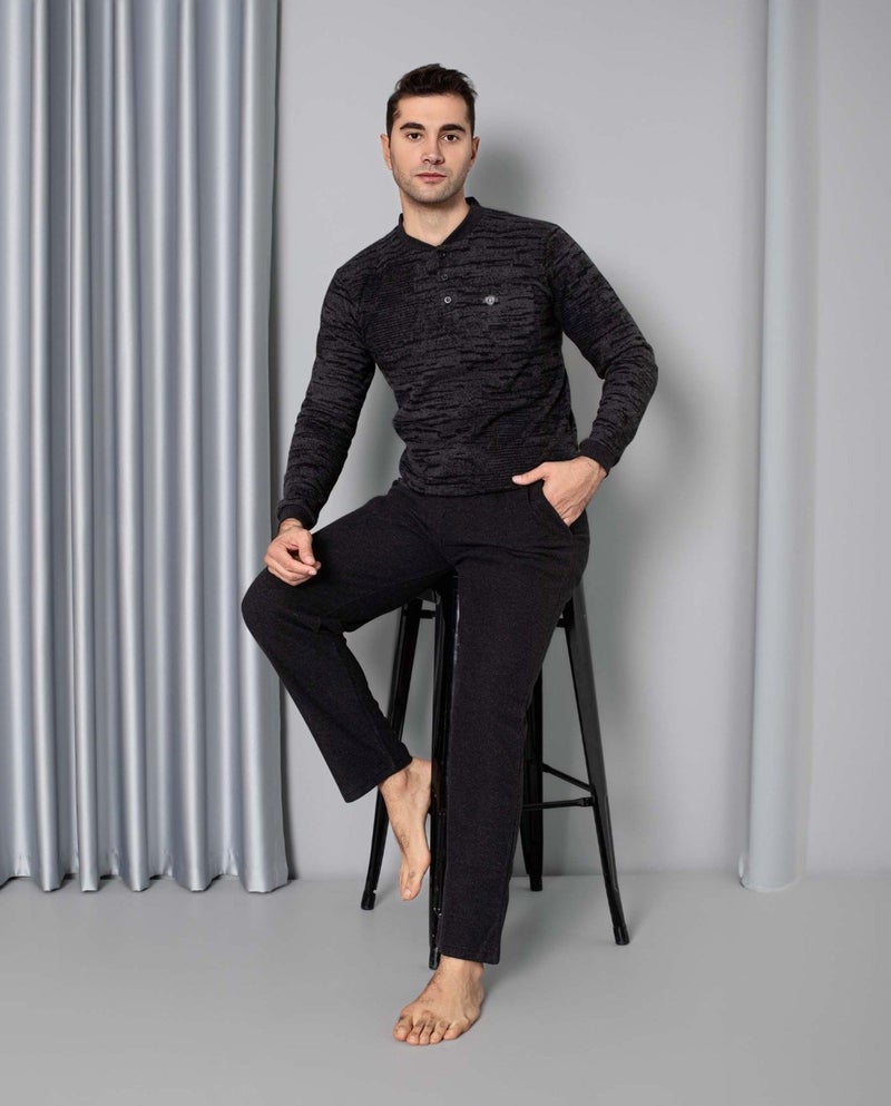 Men's 3 Button Long Sleeve Chest Pocket Selanik Fabric Winter Pocket Pajama Set