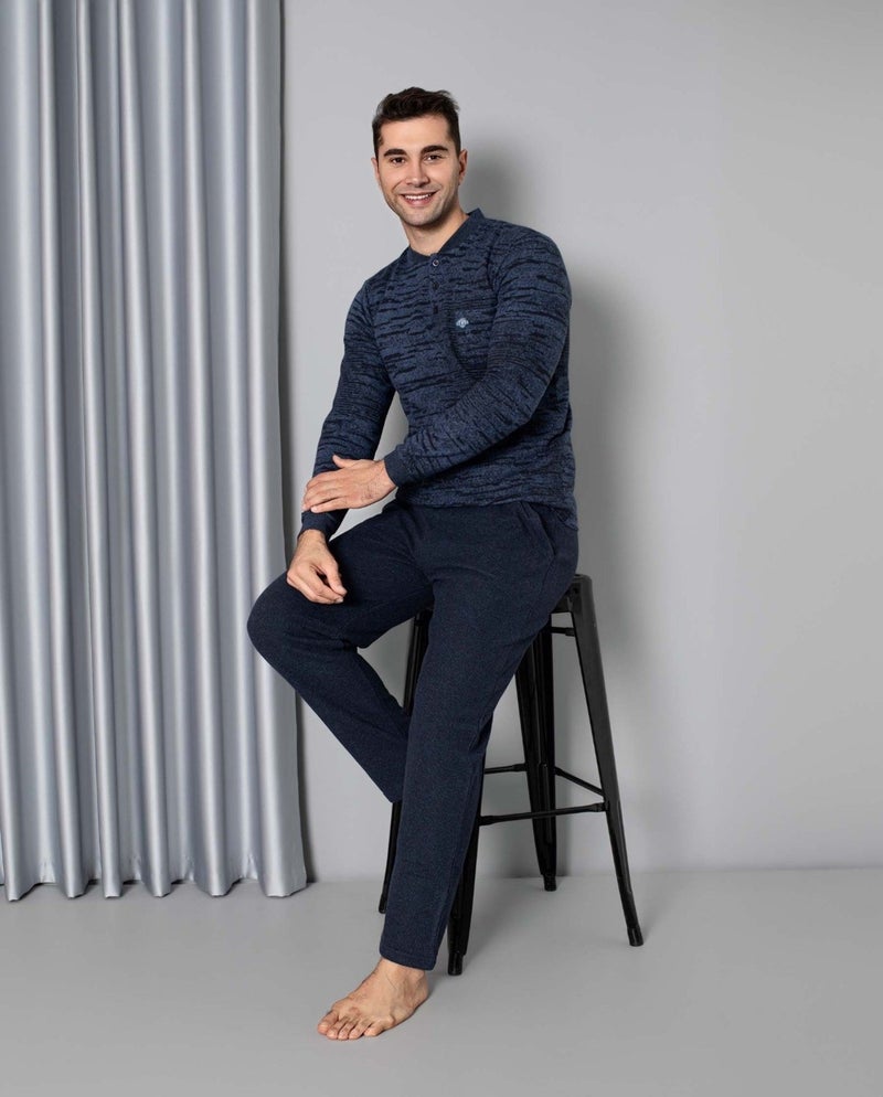 Men's 3 Button Long Sleeve Chest Pocket Selanik Fabric Winter Pocket Pajama Set