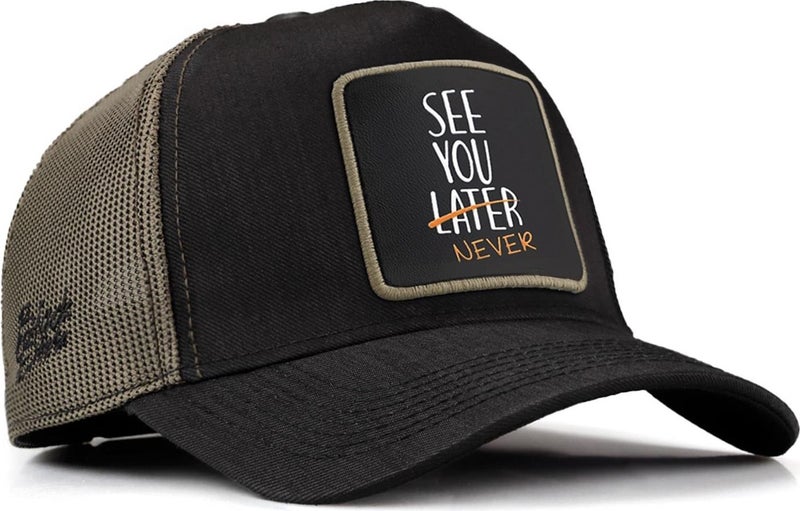 V1 Trucker See You Later Never - 2sh Unisex Black-Khaki Cordura Fabric Hat (Cap) with Code Logo