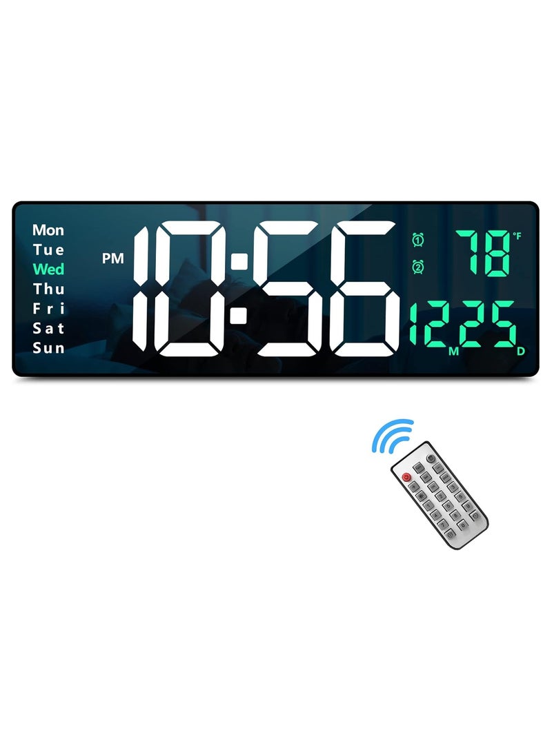 Digital Wall Clock Large Display, 16.2 Inch Large Wall Clocks, Modern LED Digital Clock with Remote Control for Living Room Decor, Automatic Brightness Dimmer Clock with Date Week Temperature (Green)