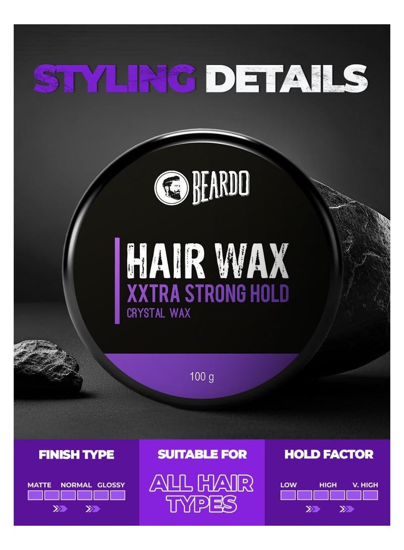 Beardo Xxtra Stronghold Hair Wax, 100 gm | Crystal Hair Wax for Men | Hair Wax Men | Hair Styling Wax for Glossy Finish & Shine | Extra Strong Hold Wax