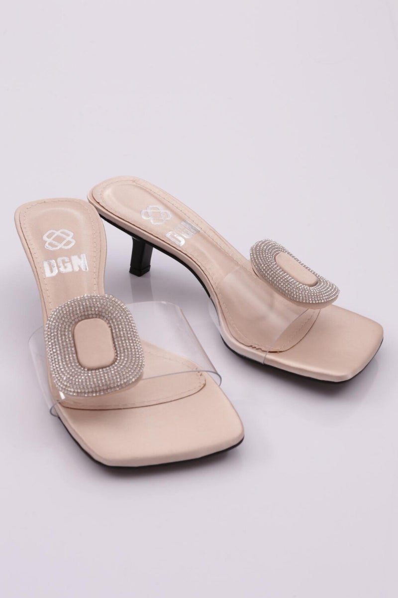 A7208 Women's Round Stone Embroidered Buckle Heeled Slippers