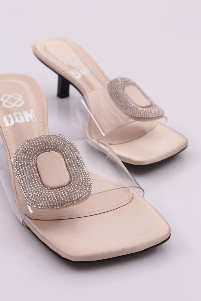 A7208 Women's Round Stone Embroidered Buckle Heeled Slippers