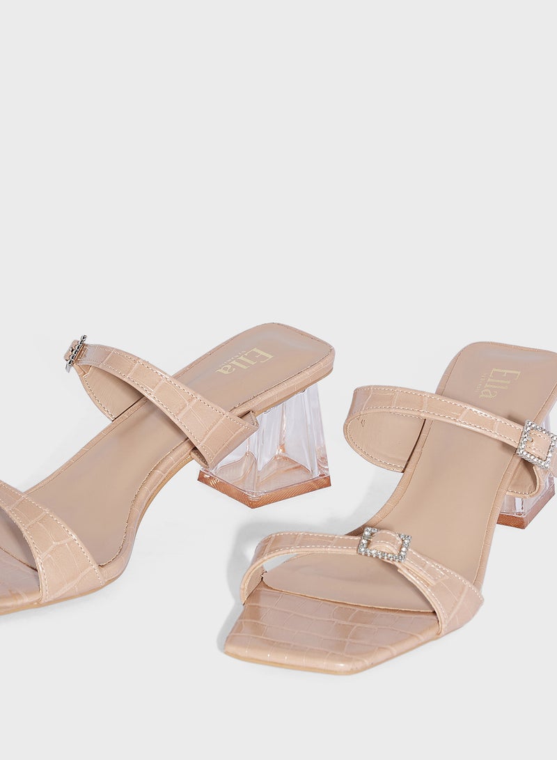 Buckled Double Strap Croc  Clear Block Heel Sandal