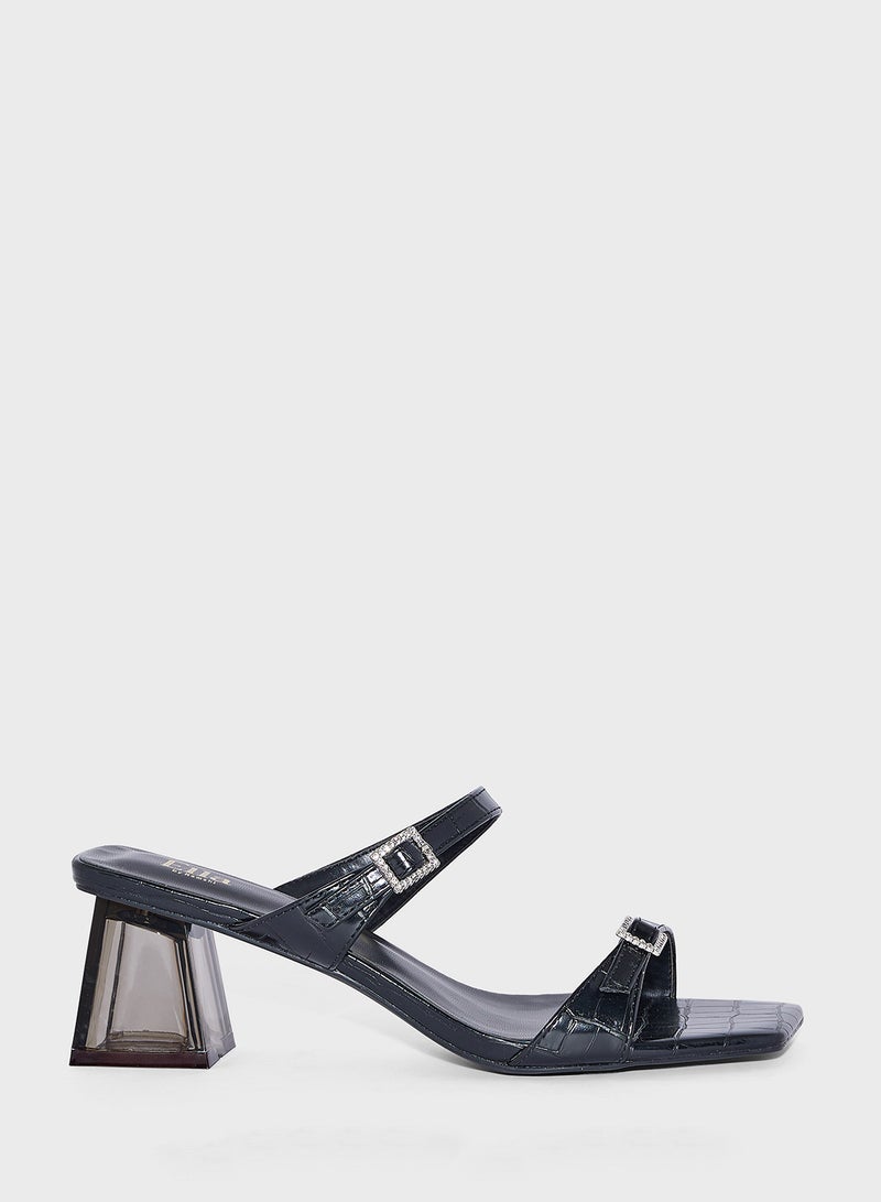 Buckled Double Strap Croc  Clear Block Heel Sandal